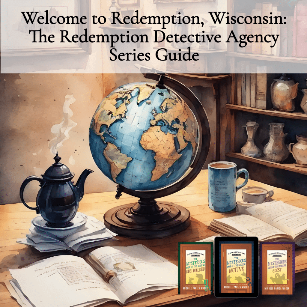 An illustrate drawing of a 1990s office with a tea pot, a mug, a globe and open files on a wooden desk with bookshelves filled with books behind. Text overlay: Welcome to Redemption, Wisconsin: The Redemption Detective Agency Series Guide