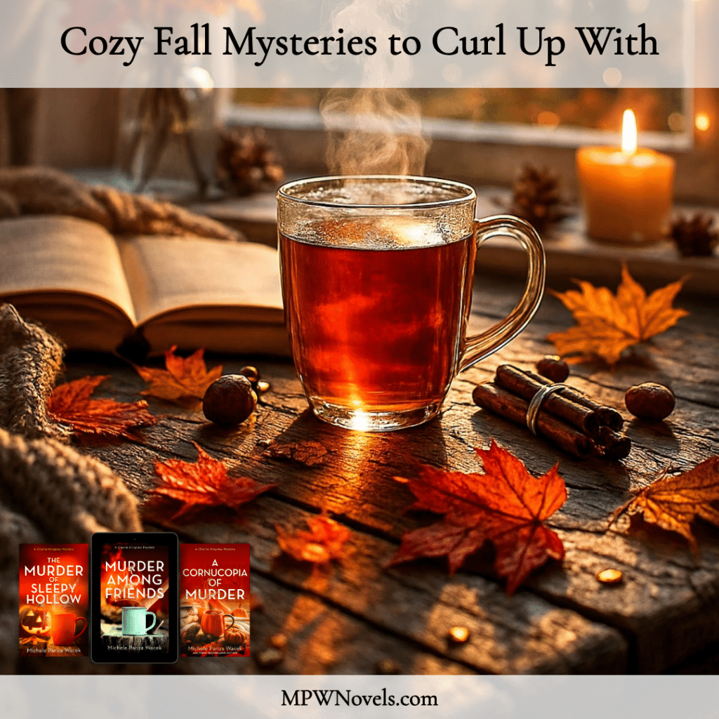 A fall scene with a cup of tea, an open book, a lit candle and lots of leaves with the covers of 3 fall Charlie Kingsley Mystery books in the corner. Text overlay Cozy Fall Mysteries to curl up with.